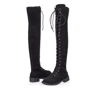 Women's Thigh High Lace Up Combat Boots Size 41/10 Black Faux Suede Gothic 24"